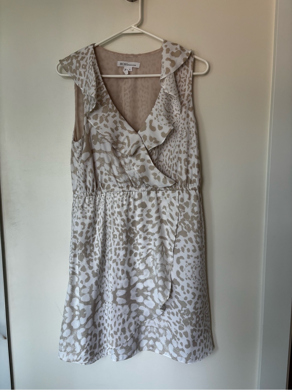 BCBG Cream and Beige Animal Print Ruffle Dress